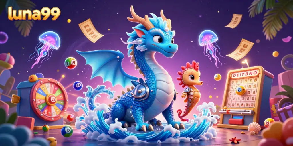 Gambarkan keseruan bermain di luna99 dengan naga air 3D dan elemen permainan yang berwarna-warni.