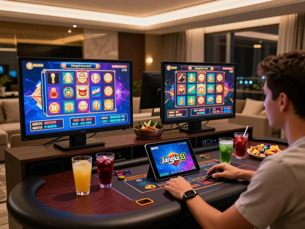 Engaged player exploring jangkar55 online slots at a luxurious home gaming setup