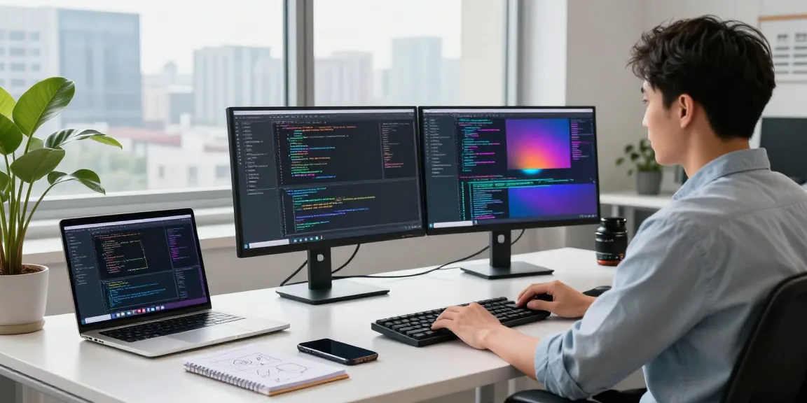 Workspace pengembangan software UE99 dengan pengembang menggunakan laptop dan dua monitor di ruang kantor modern yang terang.