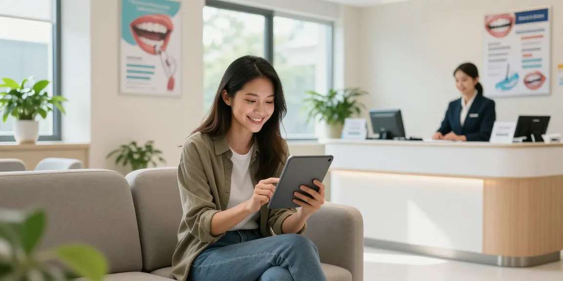 Visit your dentist with ease, showcasing a patient checking appointment availability in a modern dental clinic.
