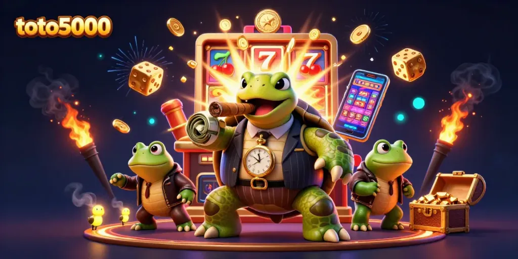 Engage with the excitement of toto5000's casino scene featuring a turtle mobster and dynamic slot machine action.