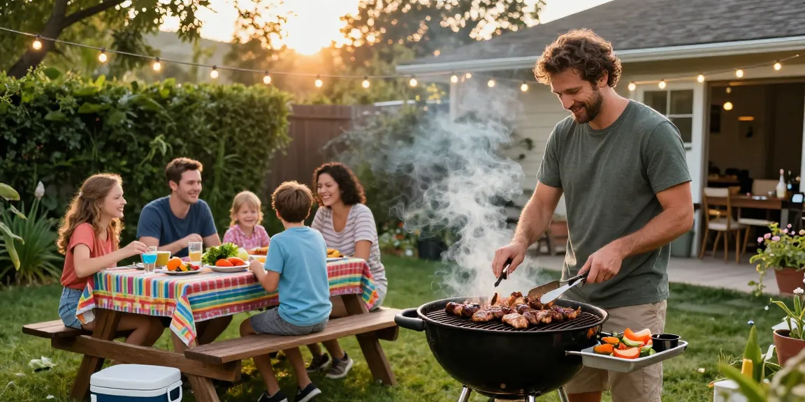 Suasana BBQ di halaman belakang dengan teman dan keluarga menikmati BOS88 Online saat memasak.