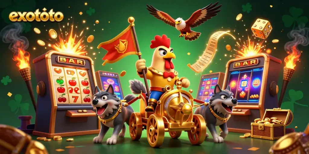 Permainan slot gacor di EXOTOTO dengan chariot emas dan simbol jackpot menarik.