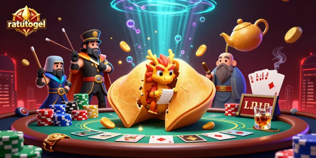 Engage with ratutogel's exciting gaming scene featuring fortune cookies and poker elements.