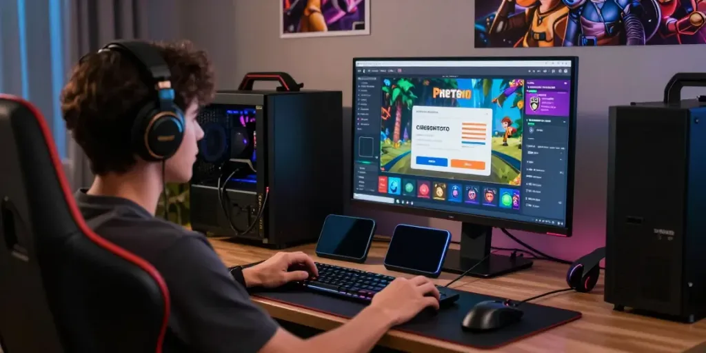 Pengguna bermain CIREBONTOTO di lingkungan gaming modern, menggunakan komputer dan smartphone.