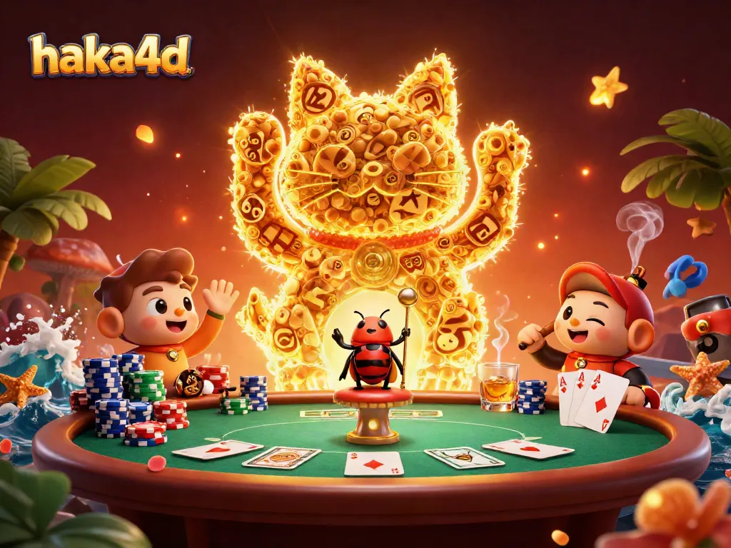 Engage with the exciting world of haka4d, showcasing a giant lucky cat and poker scene filled with vibrant casino elements.