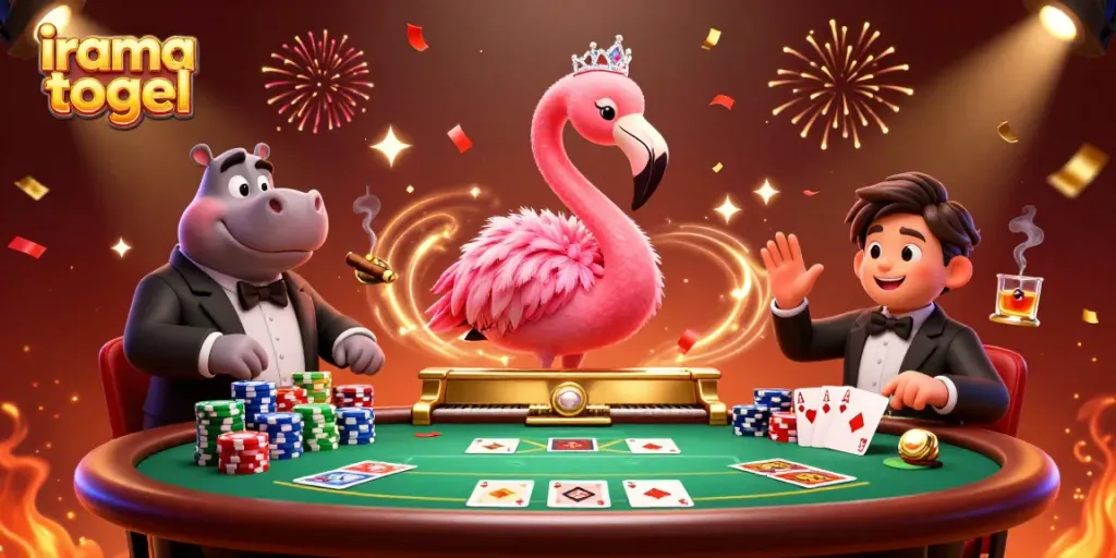 Engage in the excitement of irama togel with a vibrant casino scene featuring dynamic characters and game elements.