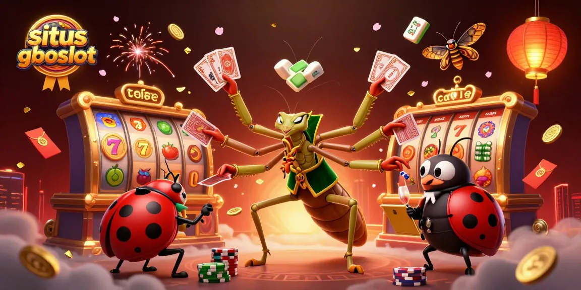 Gambarlah situs gboslot dengan belalang raksasa dan kumbang dalam suasana kasino yang glamor.