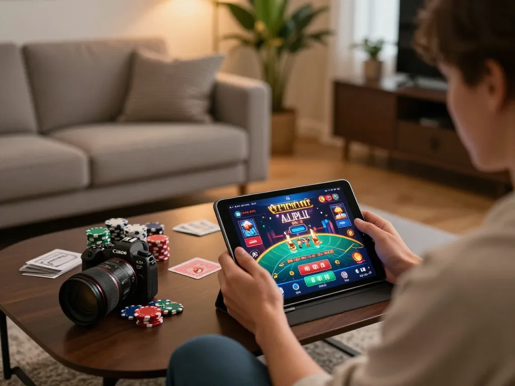 Kuwin online app gameplay on tablet showcasing poker strategy in a cozy gaming setup