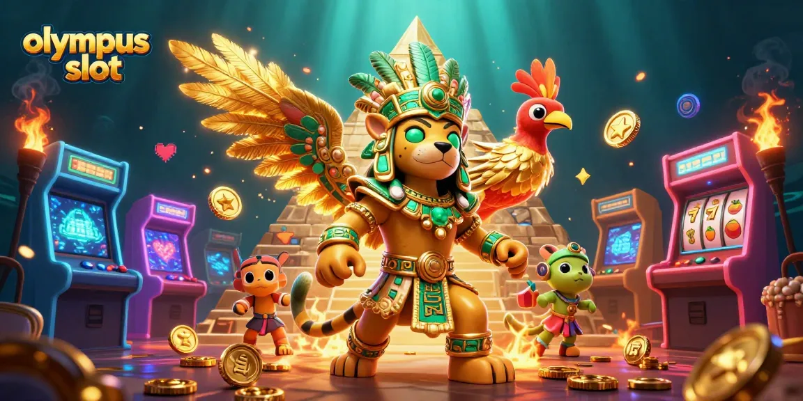 Memenangkan permainan olympus slot dengan simbol beruntun dan bonus megah, dikelilingi oleh mesin kasino 3D yang berwarna-warni.