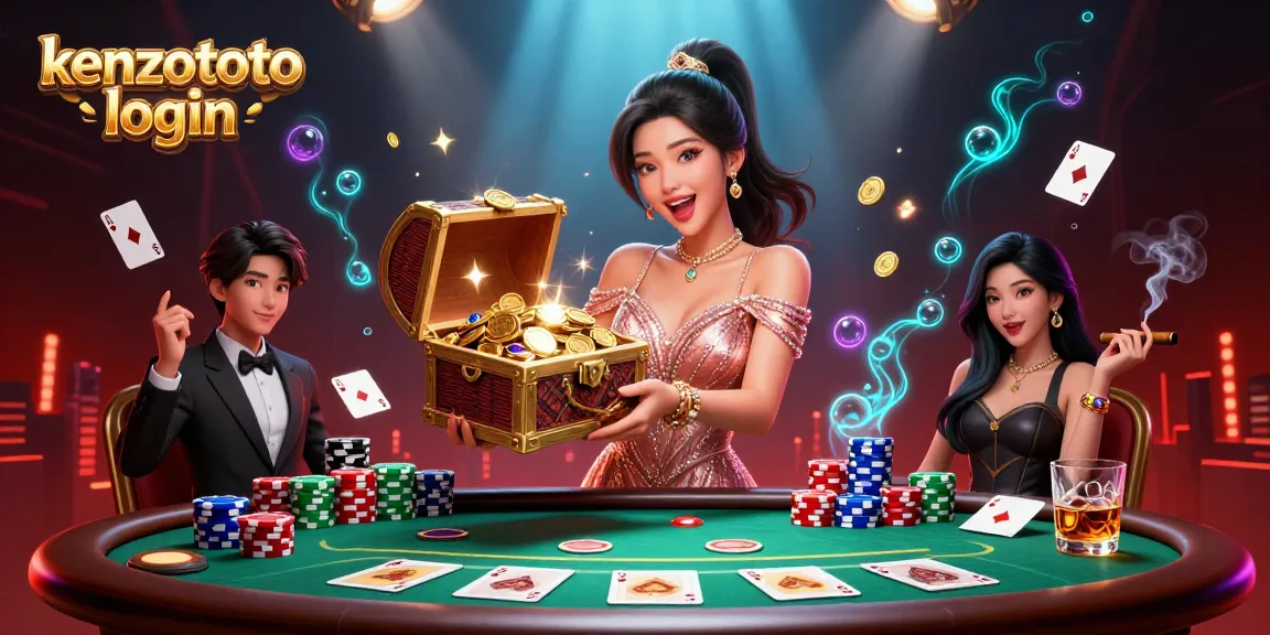 Experience the excitement of kenzototo login with a joyful Asian woman holding a treasure chest of winnings.