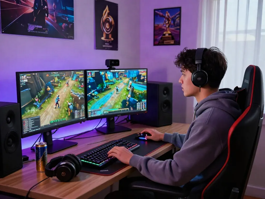 Setup permainan jebolwd dengan gamer fokus dan teknologi canggih di ruang kerja modern.