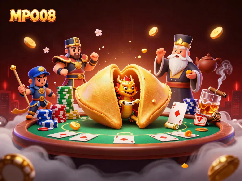 MPO08 features a giant golden fortune cookie and wise dragon amidst vibrant casino elements, enhancing your gaming experience.
