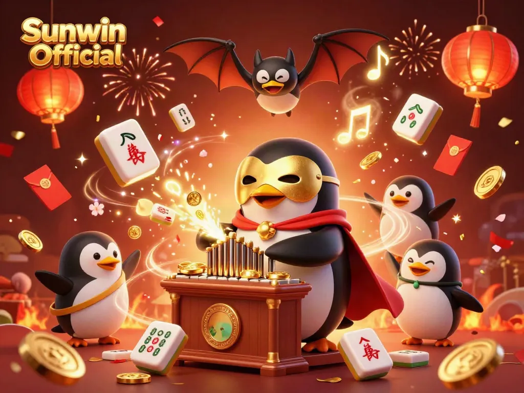 Engage in thrilling gameplay with Sunwin Official as the vibrant casino scene features a masked penguin and asembles celebratory elements.