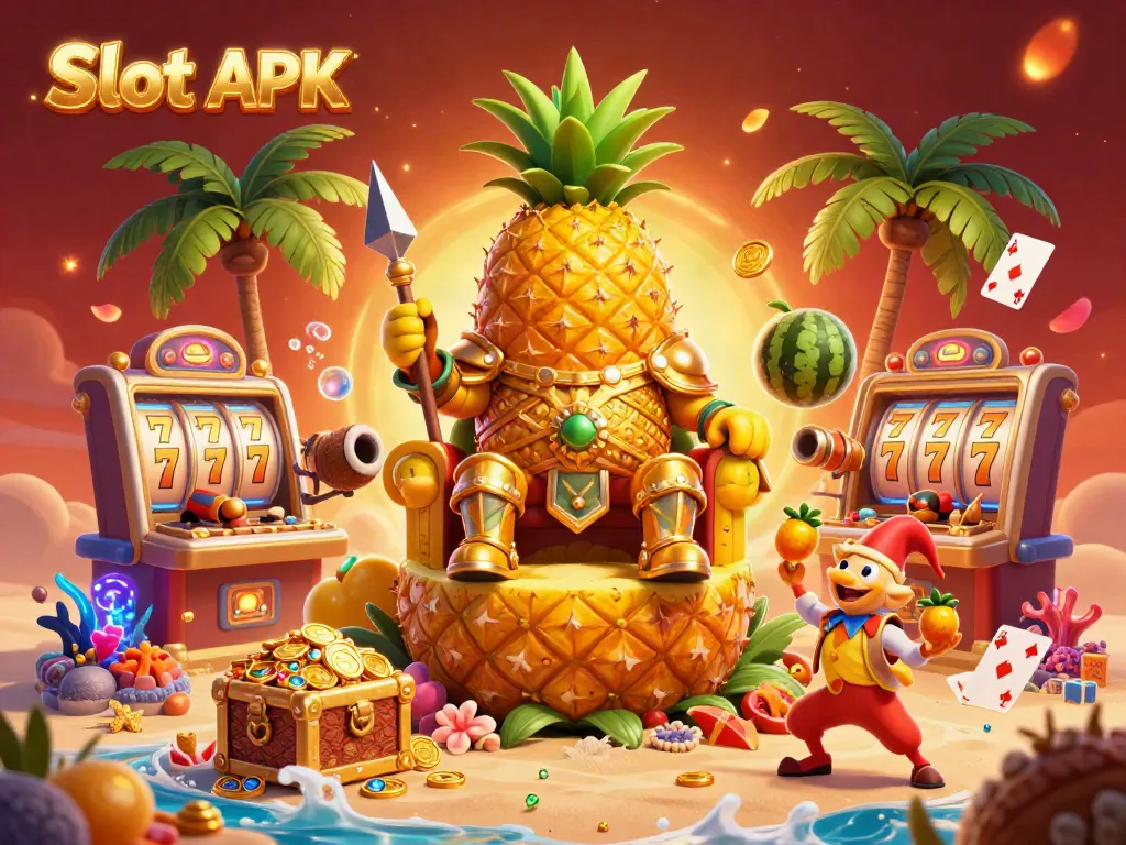 Spin to win with Slot APK in a vibrant casino scene featuring a pineapple king, slot machines, and treasure.