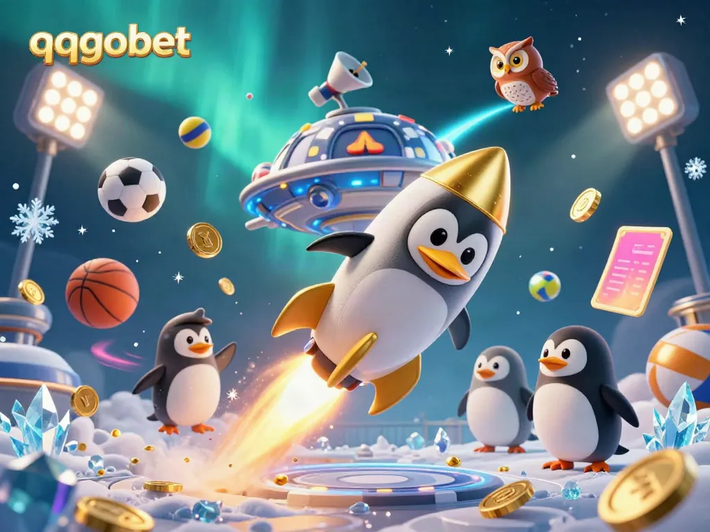 Experience thrilling moments with the qqgobet penguin flying toward a casino space station in this vibrant 3D scene.