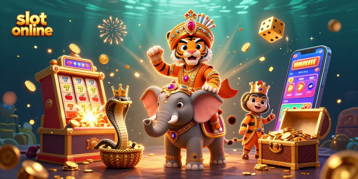 Permainan slot online menarik dengan harapan jackpot besar, tumpukan koin dan simbol keberuntungan menyebar.