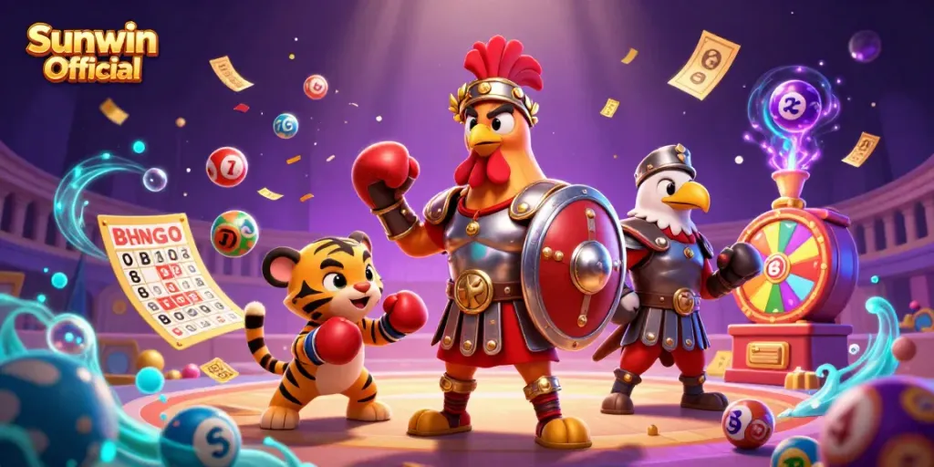 Engage in thrilling games on Sunwin Official with an epic casino scene including a gladiator rooster.