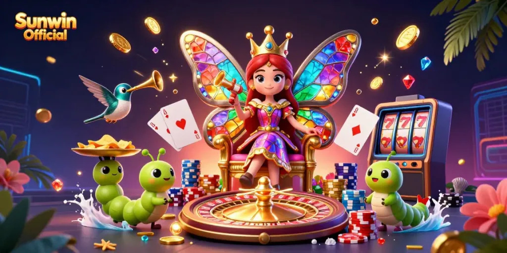 Experience the vibrant casino world with Sunwin Official in a dynamic illustration featuring a butterfly queen and casino elements.