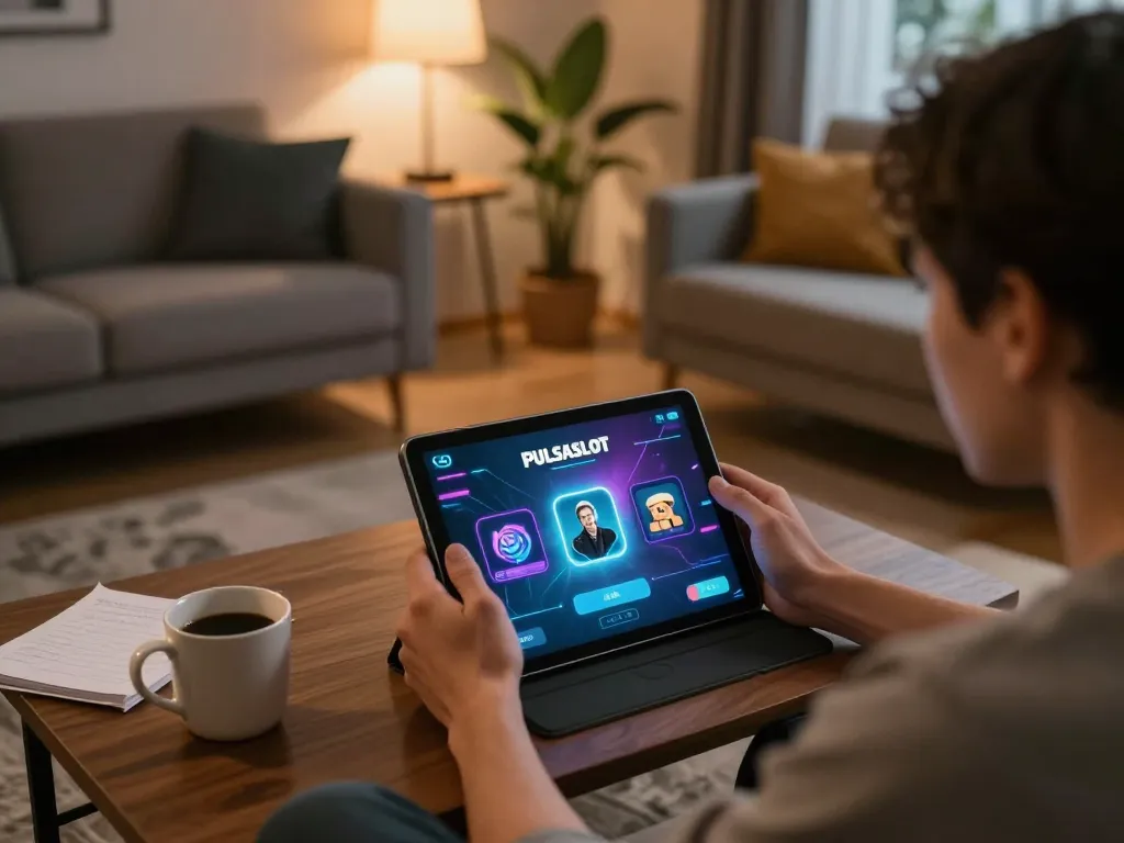 PULSASLOT player enjoying dynamic online gaming experience on tablet with cozy home decor.