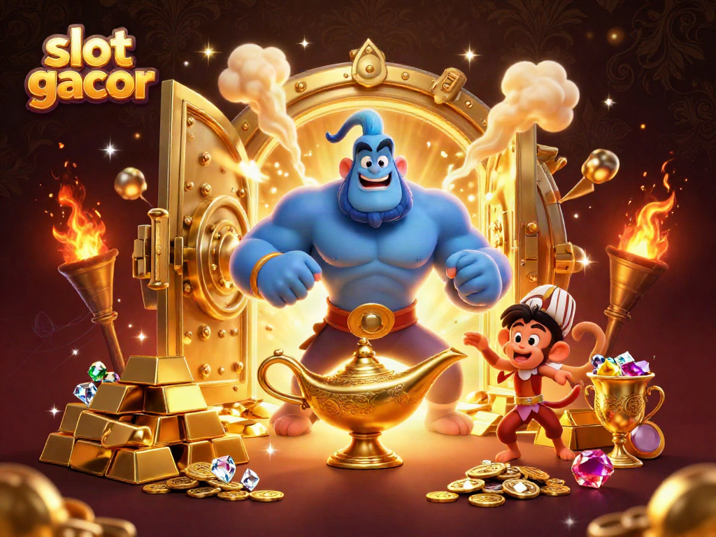Slot gacor menarik perhatian melalui ilustrasi menang besar dengan lampu genie dan koin emas.