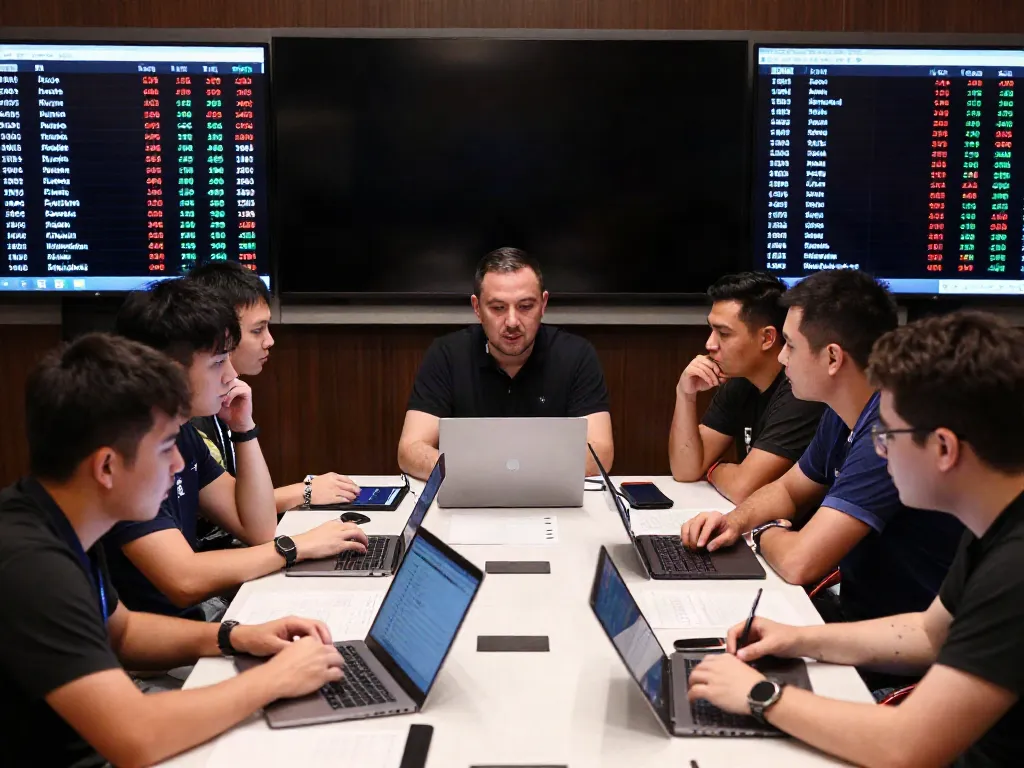 Diskusi strategis pemain toto macau dengan laptop dan data hasil undian langsung.