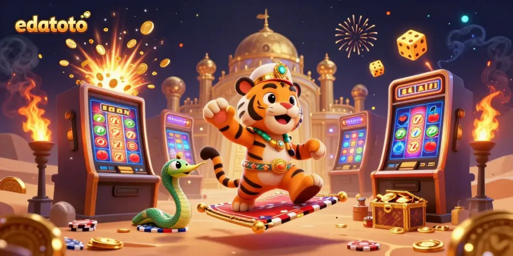 Experience thrilling gameplay at edatoto with a vibrant casino scene featuring a playful tiger sultan.