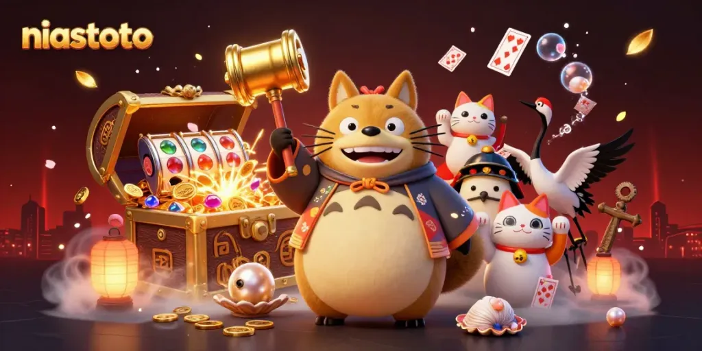 Niastoto memberikan akses permainan slot dan bonus berlimpah dalam ilustrasi 3D ceria.