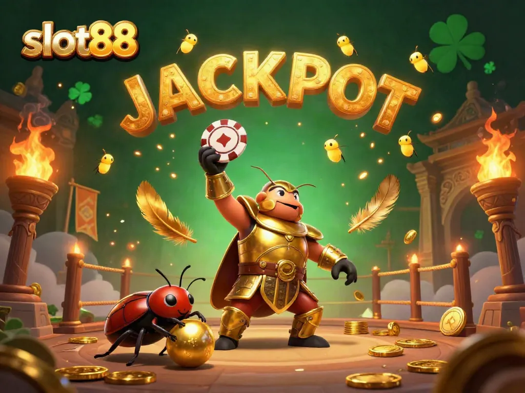 Engage in thrilling gameplay with slot88, featuring cartoon beetles celebrating jackpots in a vibrant casino setting.