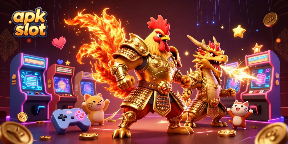 Apk slot dengan petarung ayam berarmor samurai emas dan naga berapi, meriah dengan elemen permainan 3D.