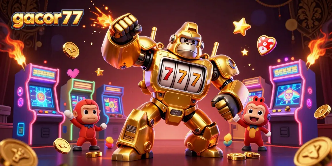 Gacor77 menghadirkan mesin slot emas 3D dengan gorila, pilikan koin dan energi kasino.