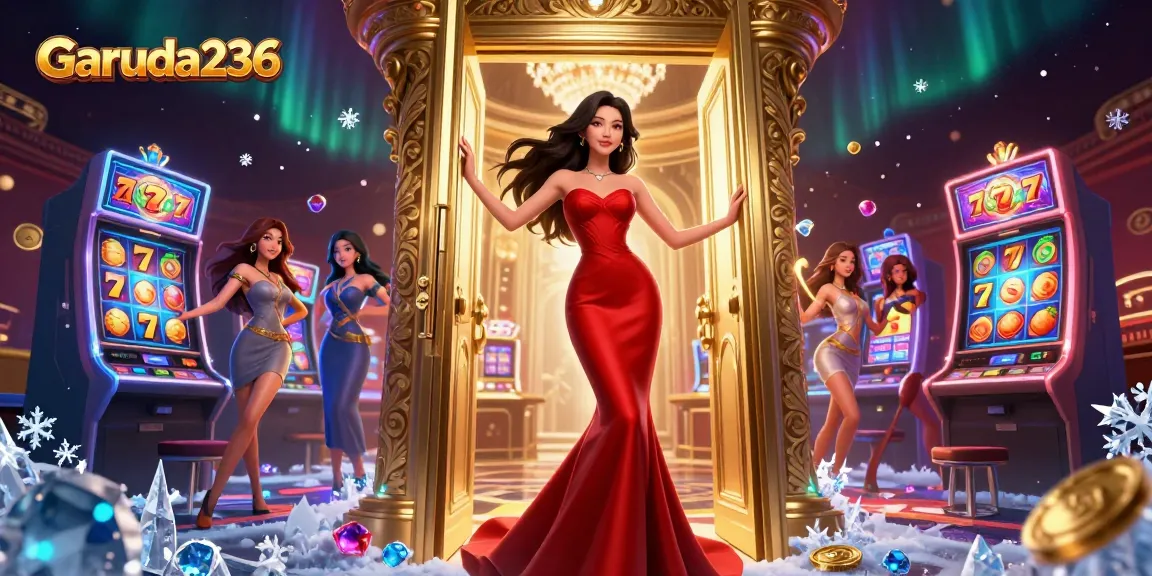 Play slot games at Garuda236 featuring a stunning Asian woman in a luxurious casino atmosphere.