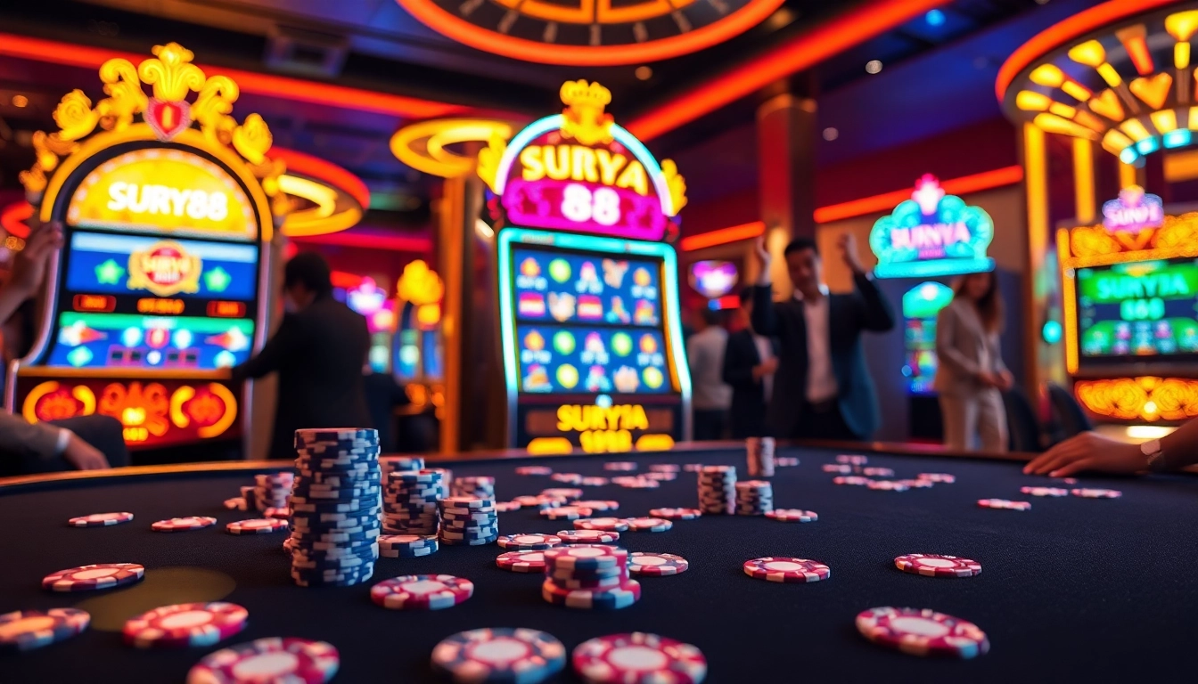 Para penjudi menikmati permainan yang mendebarkan di mesin slot SURYA 88 dalam suasana kasino yang hidup.