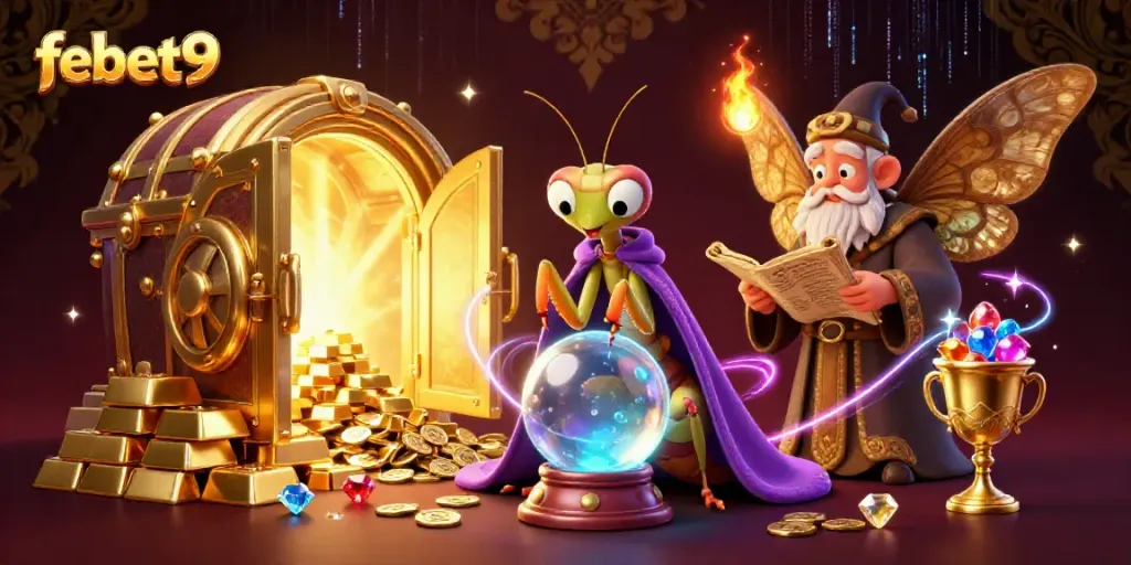 Experience the magic of febet9 with a mystical scene featuring fortune tellers and treasures.