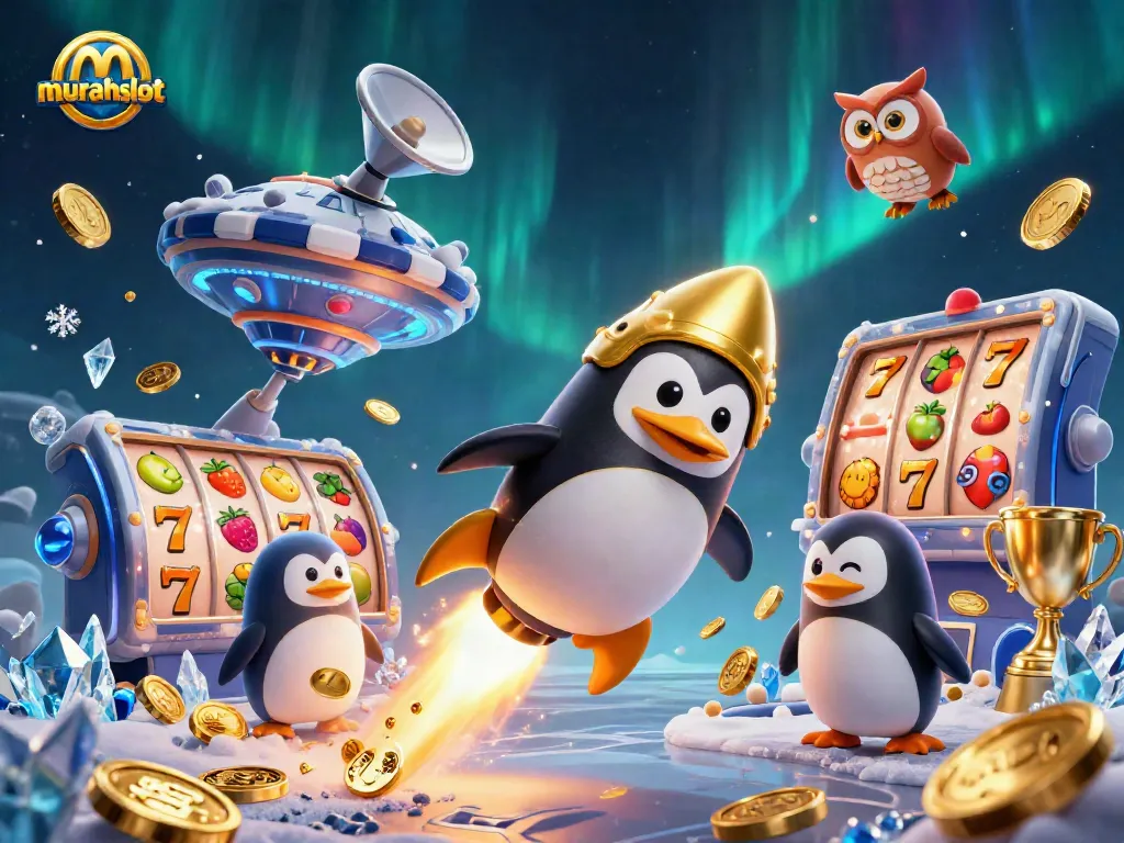 Spin and win with murahslot's colorful 3D scene featuring the golden penguin and jackpot excitement.