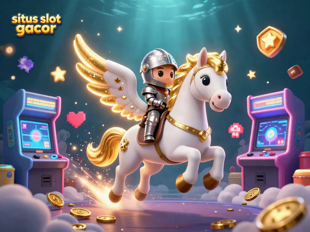 Menggandakan kesenangan bermain di situs slot gacor dengan karakter kuda berwarna putih bercahaya dan pahlawan kecil yang berpetualang di dunia permainan slot yang penuh warna.