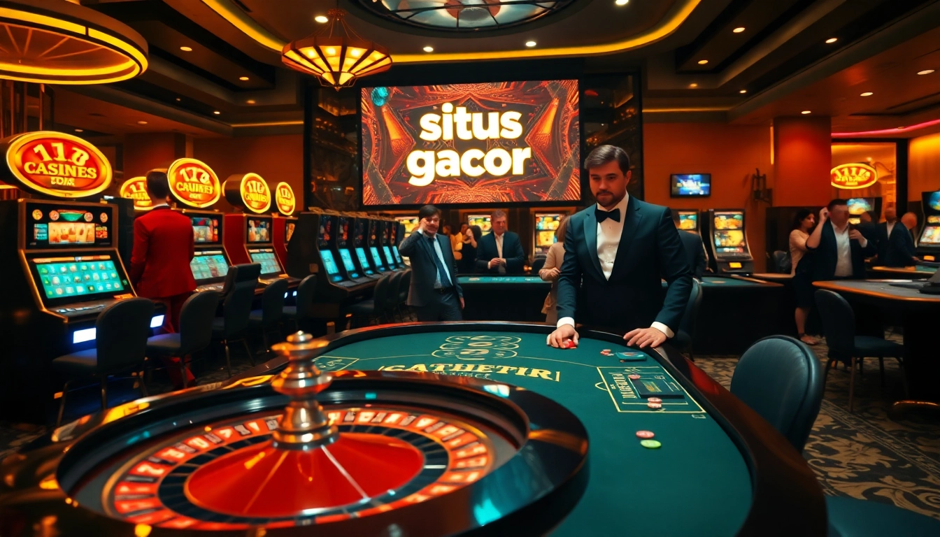 Petaruh situs gacor menaruh taruhan di meja kasino mewah dengan permainan roulette dan mesin slot yang penuh warna.