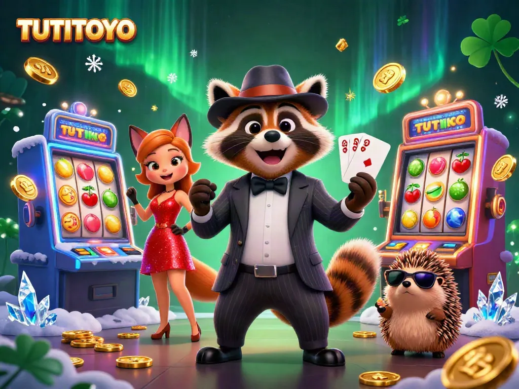 TUTITOTO showcases a raccoon holding a royal flush amidst vibrant slot machines, embodying casino excitement.