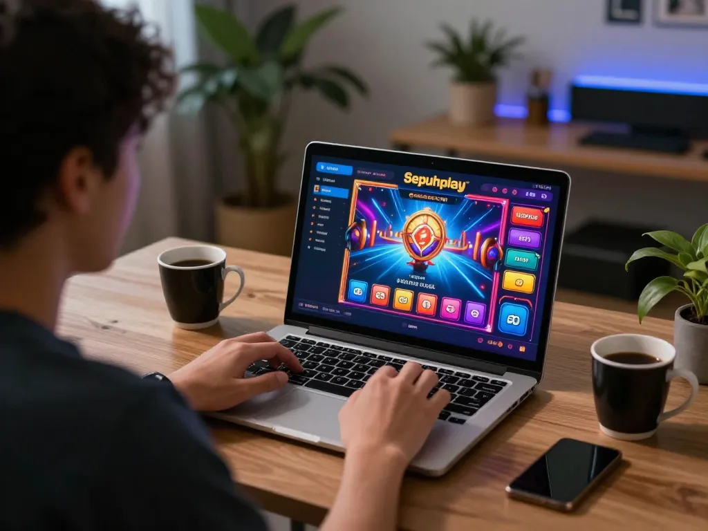 Pemain yang terlibat dengan permainan kasino online Sepuhplay di laptop, menunjukkan pengalaman bermain yang imersif.