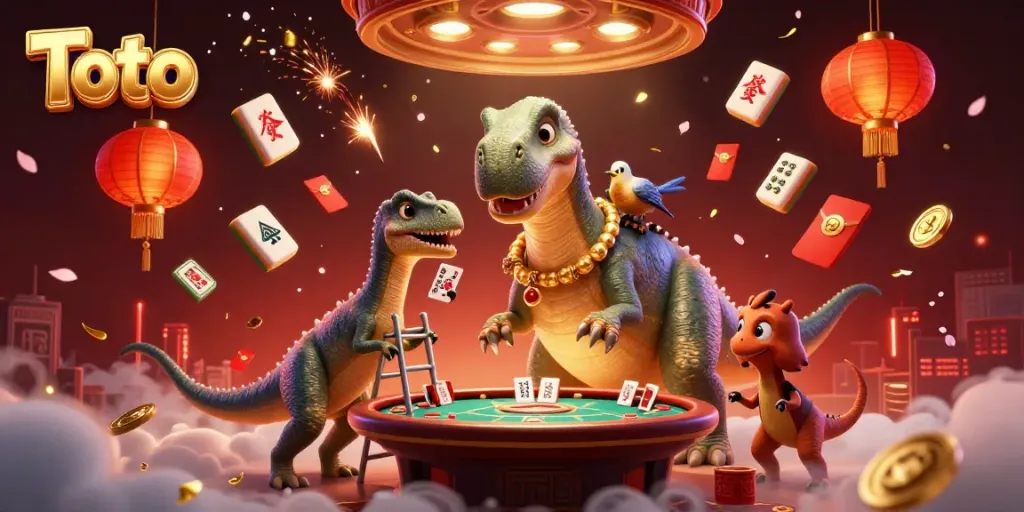 Permainan Toto menggunakan dino seperti brontosaurus dalam suasana kasino yang meriah.