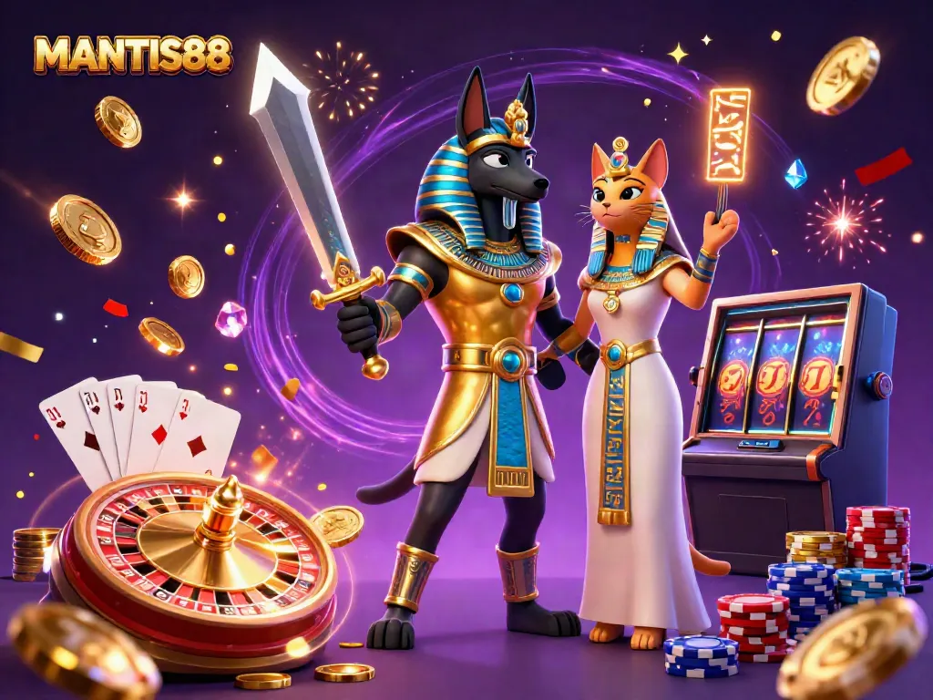 Experience thrilling gameplay with MANTIS88 featuring Anubis and Bastet amidst vibrant casino elements.