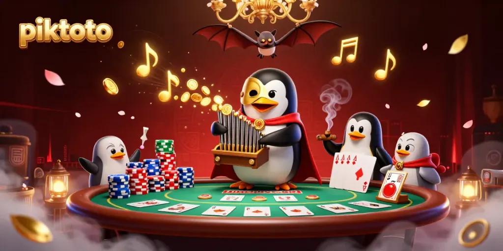 Piktoto's captivating casino scene with a phantom penguin and golden coins cascading from an organ, embracing the thrill of gambling.
