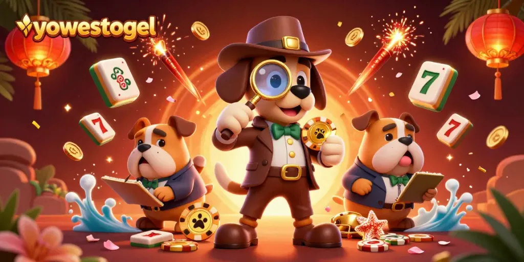 yowestogel highlights an energetic scene featuring a detective and bulldog amidst vibrant casino elements.