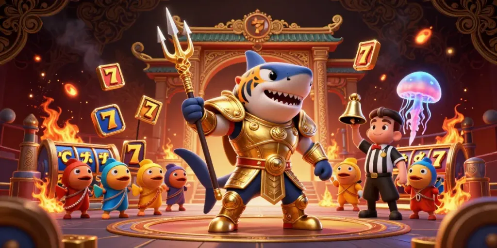 Visualisasikan Totoslot dengan macan hiu 3D menangkap jackpot di arena bawah laut.