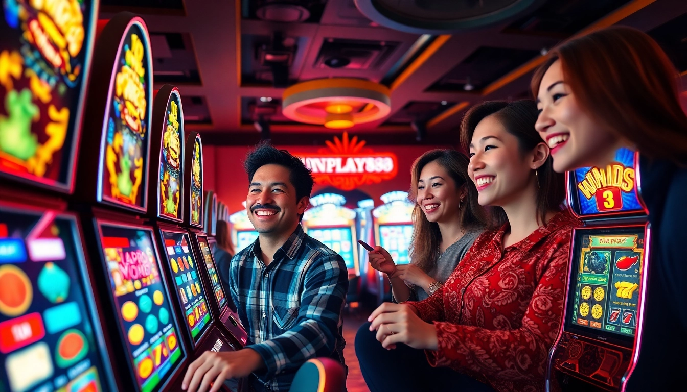 WONPLAY900 slot machine players celebrating their wins in a vibrant casino atmosphere.