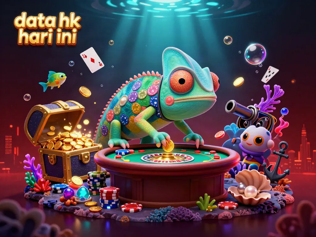 Data hk hari ini disajikan dengan ilustrasi kasino 3D yang menggambarkan chameleon pemilik kasino dan elemen permainan menarik.
