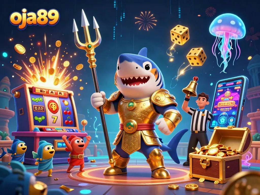 Permainan menarik di oja89 dengan harimau hiu 3D dalam armor, mesin slot, dan suasana kasino bawah laut.