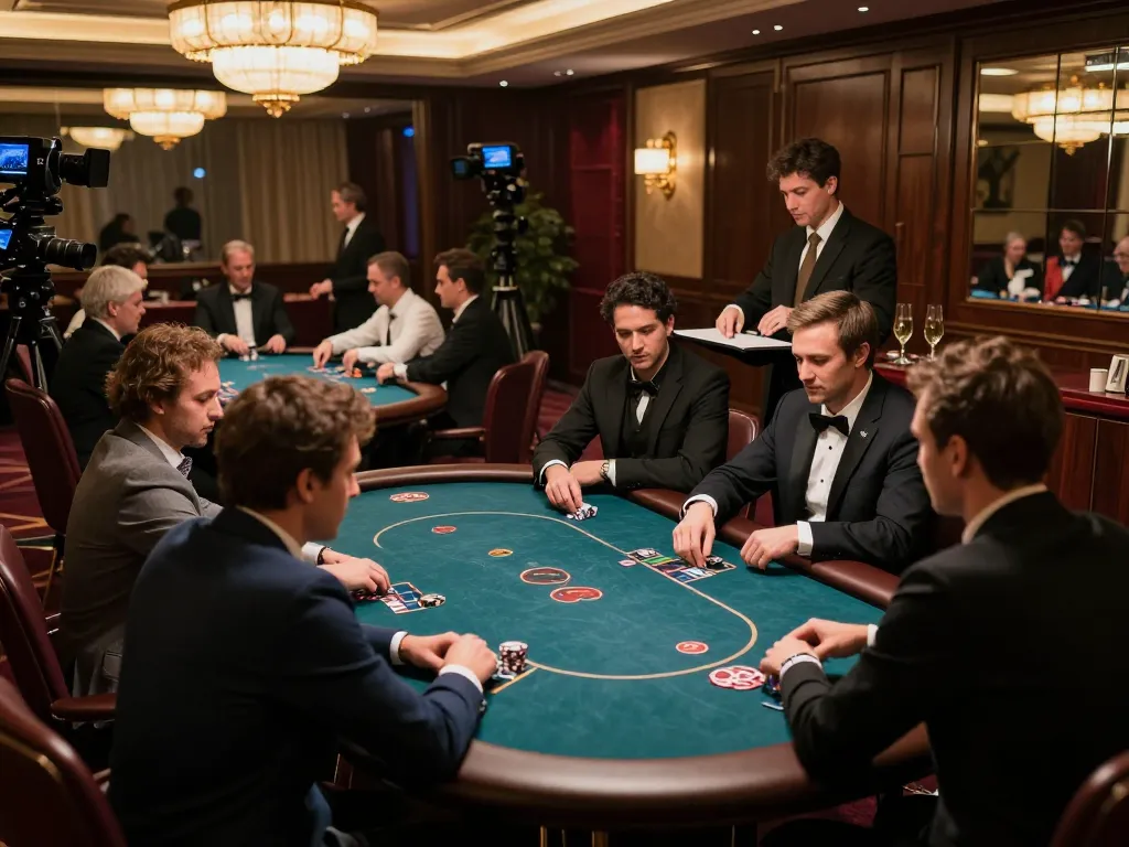 Intense high-stakes gaming moment at a kerajaanslot VIP poker table highlighting focused players and luxury atmosphere.