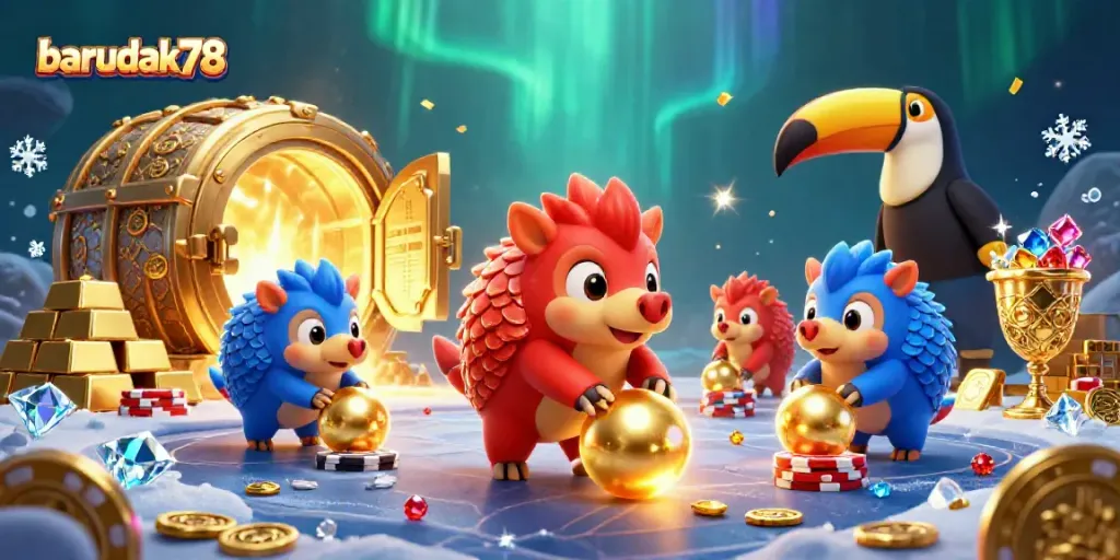 Barudak78 menghadirkan pangolin berkelahi di kasino dengan tumpukan chip poker dan emas bersinar.