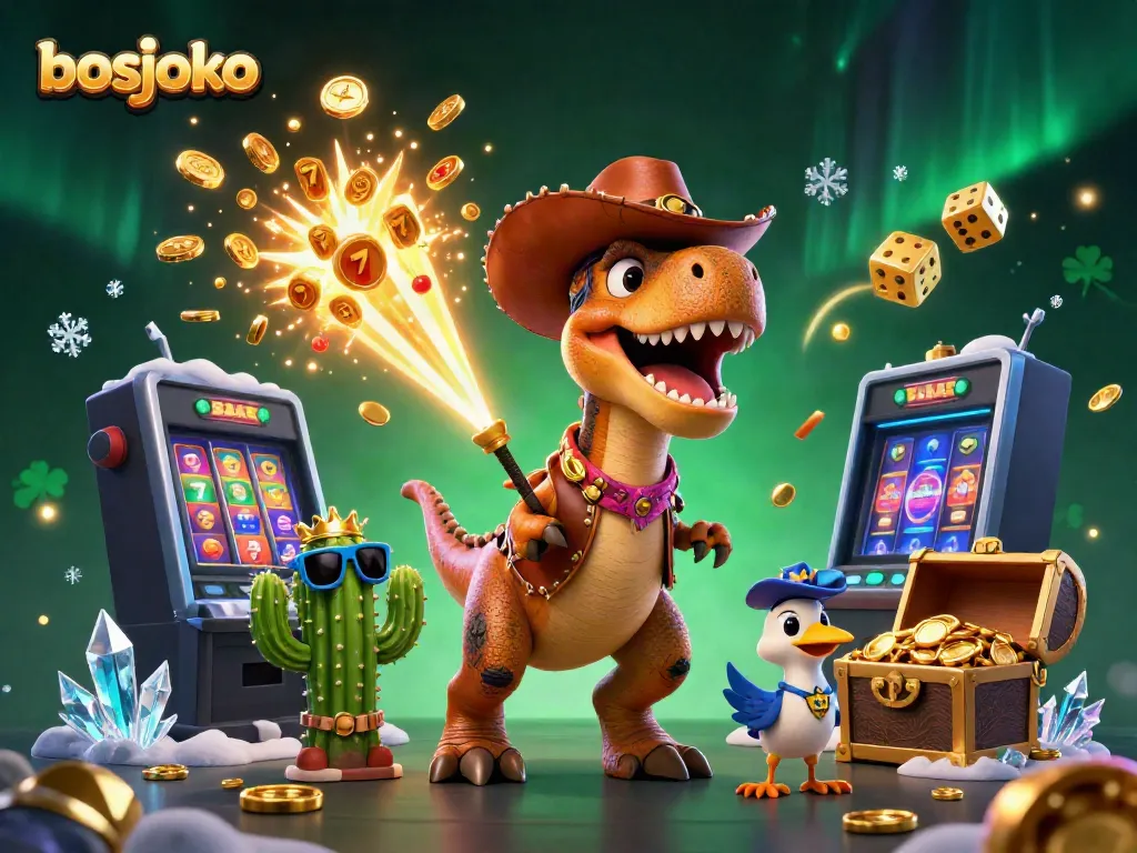 Spin and win at bosjoko slot online with an energetic 3D dinosaur and jackpot celebration scene.